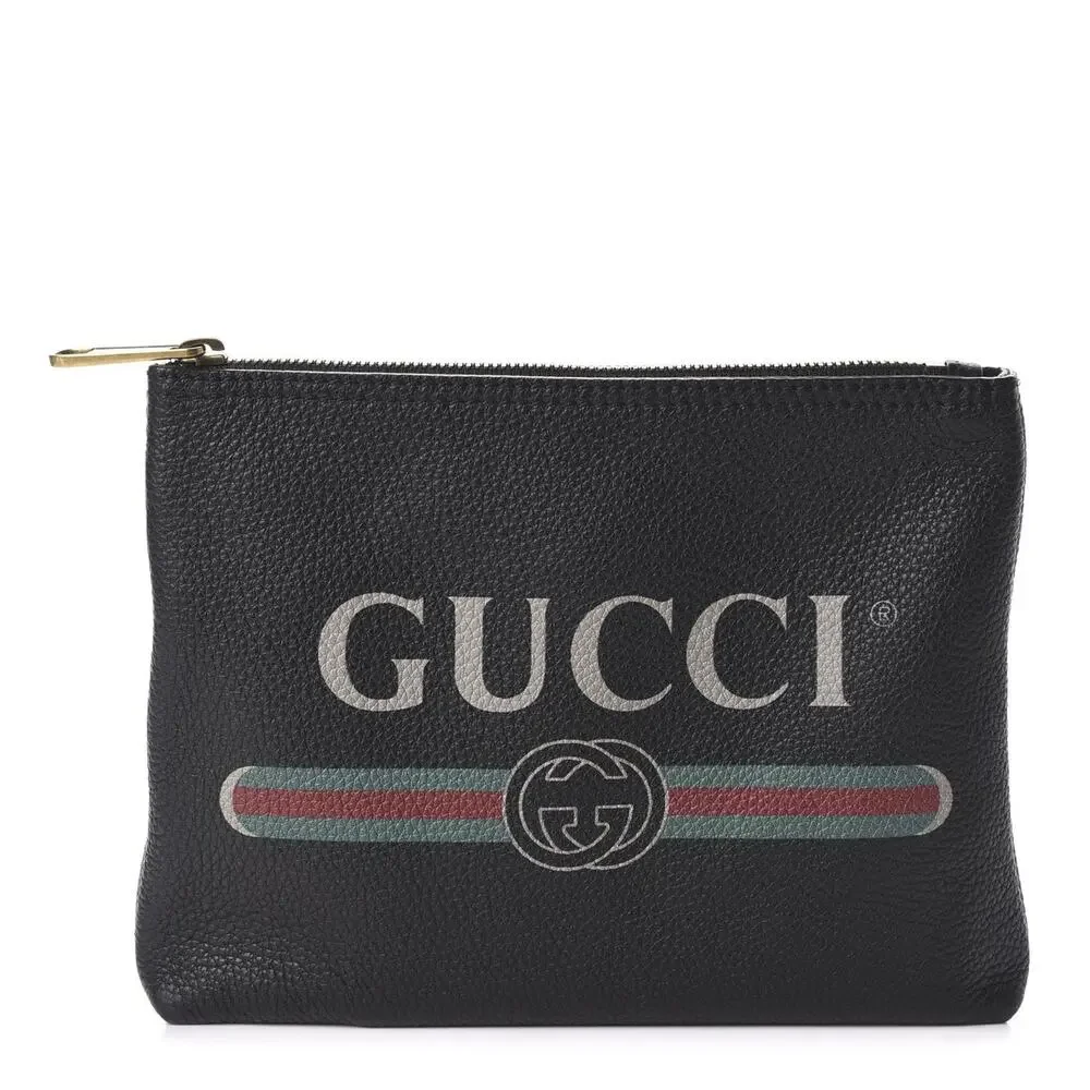 Gucci Black Pebbled Calfskin Leather Web Stripe Logo Portfolio Clutch Bag